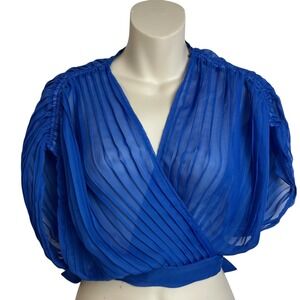 Audrey Lane Royal Blue Pleated Surplice V-Neck Crop Top Tie Back Small